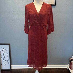 J.Jill NWT Rust Red Boho Midi Dress Size L V-Neck Art & Craft GORGEOUS